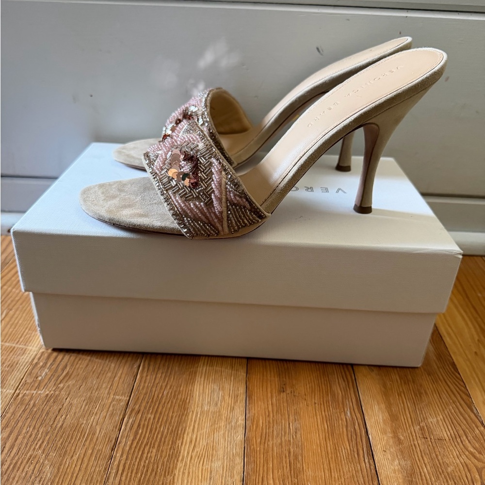 Veronica Beard Beige Beaded Slide Heels - Picture 2 of 5